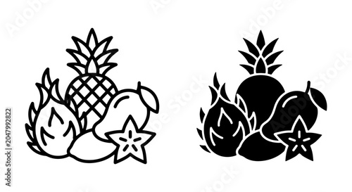 Bild auf Leinwand Tropical Fruit Icons, Exotic Produce Vector Set, Healthy Food Graphics, Pineappl
