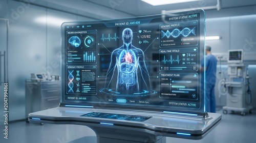 Advanced futuristic healthcare technology interface screen displaying 3D human anatomy, vital signs, DNA profile, and medical diagnostics data inside a modern clinic room with a blurred doctor.