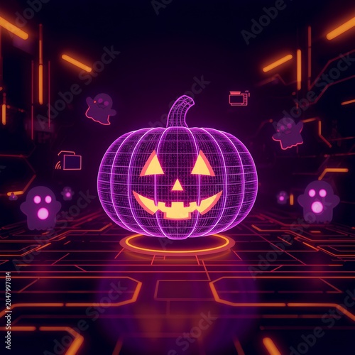 Futuristic Halloween Technology Banner with Holographic Pumpkin Interface, Digital Ghost Icons and Neon Orange Purple Lighting for Tech Marketing and Seasonal Branding