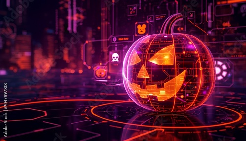 Futuristic Halloween Technology Banner with Holographic Pumpkin Interface, Digital Ghost Icons and Neon Orange Purple Lighting for Tech Marketing and Seasonal Branding