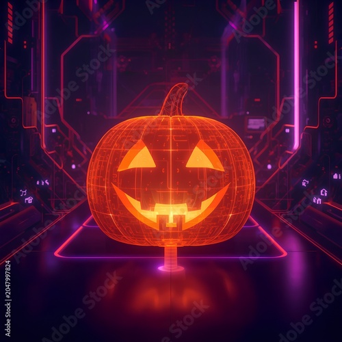 Futuristic Halloween Technology Banner with Holographic Pumpkin Interface, Digital Ghost Icons and Neon Orange Purple Lighting for Tech Marketing and Seasonal Branding