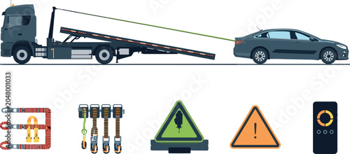 Foto Flatbed Tow Truck Carrying Broken Car with Towing Equipment, Warning Signs, and