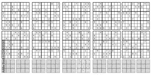 Set of sudoku game puzzle with answers – black, white , maze puzzle vector, clean line art, printable logic game for activity books , worksheets, and books publishing