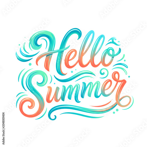 Hello Summer beautiful calligraphy with colorful swirls and waves