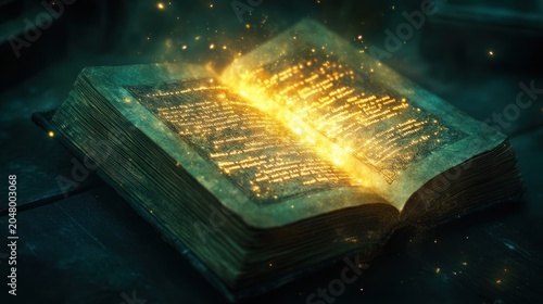 Ancient book ablaze with magical light