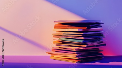 Colorful stack of books under vibrant lighting