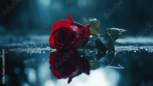 A single, vibrant red rose rests on a water-slicked surface, its reflection mirroring its beauty.  Dewy droplets adorn the rose and the surface.  A moody, dark background provides a stark contrast