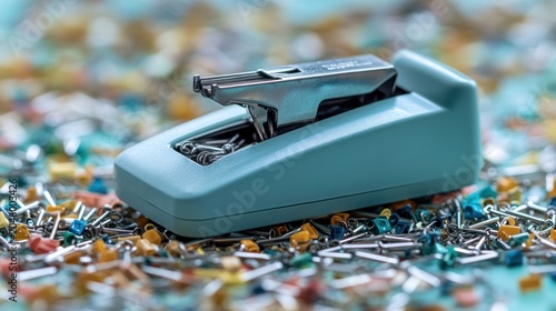 Teal stapler surrounded by colorful staples