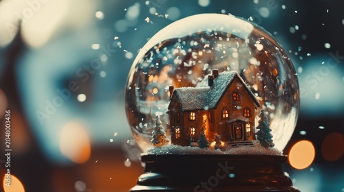 Winter wonderland snow globe with a cozy home