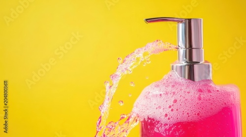 Pink foaming soap dispenser with splashing water