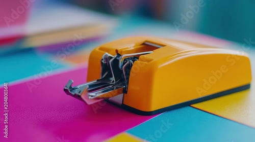 Orange stapler on colorful paper