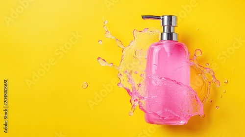 Pink liquid soap dispenser with water splash on yellow background
