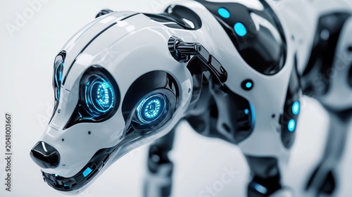 Futuristic robotic dog with glowing blue eyes.  Highly detailed, close-up view of a mechanical canine, showcasing advanced technology and design