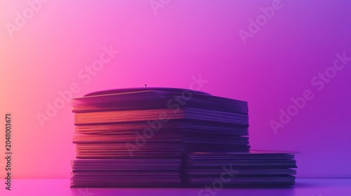 Stacked vinyl records under vibrant lighting