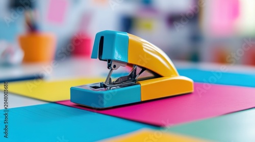 Colorful stapler on a vibrant workspace