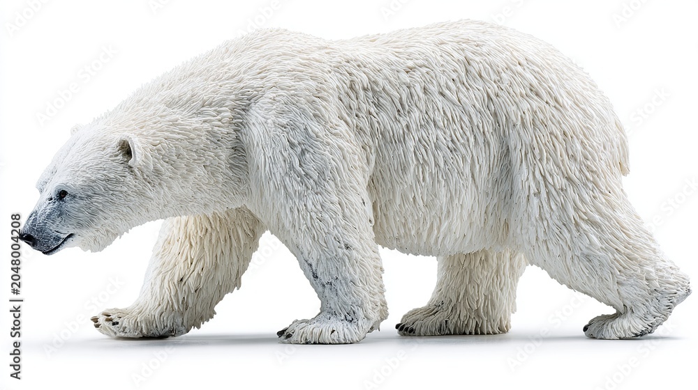 Fototapeta premium Polar bear walking, side view, on a white surface, showing details of fur and paws