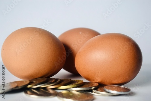 Tableau sur toile Close-up of three brown eggs clustered over money coins – Savings and pension co