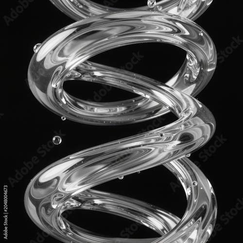 Transparent helix with water droplets against a black background. Use: science illustration, abstract background, cosmetic advertisement.