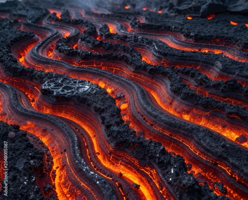 Flowing molten lava river with cooled volcanic rock formations.