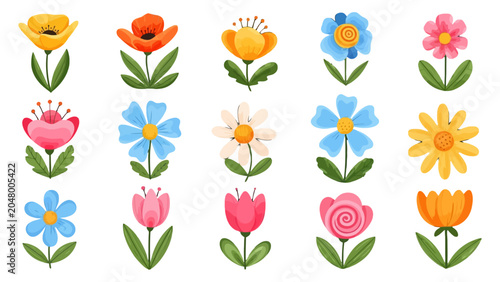 Картината върху платно A vibrant collection of stylized cartoon flowers in various colors and shapes, featuring simple petals and green stems on a white background