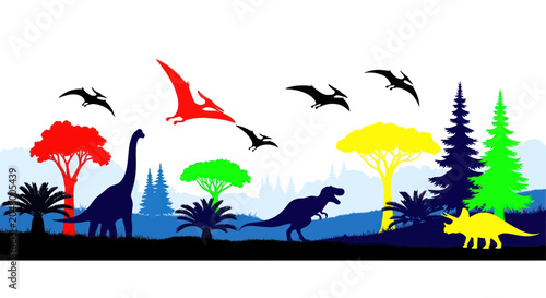 Картината върху платно Dinosaurs and flying reptiles in landscape.