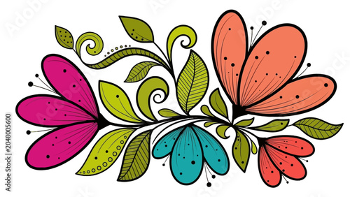 Foto Vibrant and whimsical floral illustration with stylized flowers in pink, orange, blue, and red, intertwined with green leaves and decorative swirling vines