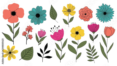 Photos Colorful illustration of various flowers and leaves on white background