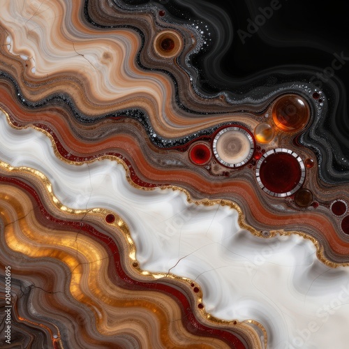Abstract swirling mineral patterns with gold and red accents, resembling agate. Use: luxury product design, cosmetic packaging, high-end interiors.