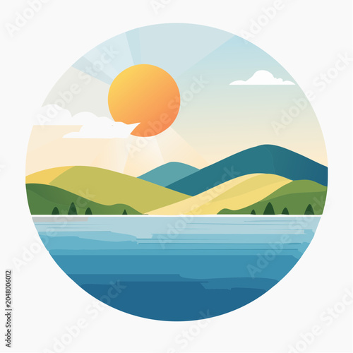 Flat design landscape with sun, mountains, and lake