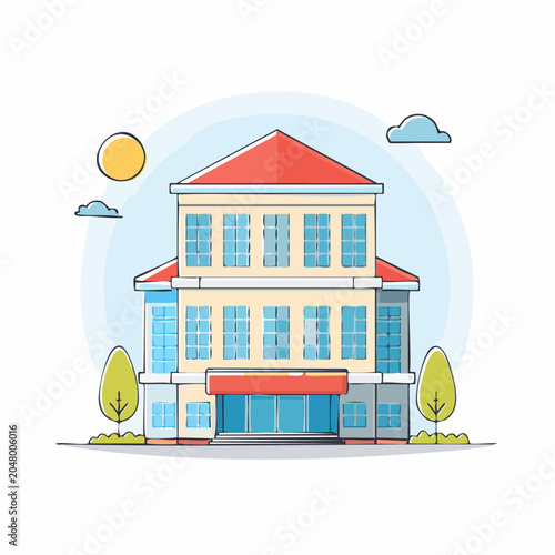 Flat design illustration of a modern building with trees and sun