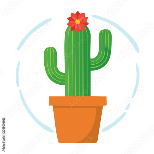 Flat design potted cactus with red flower