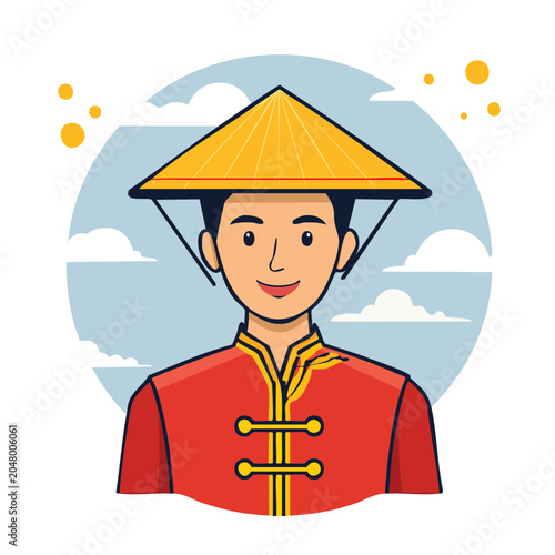 Man in Traditional Asian Conical Hat and Red Clothing