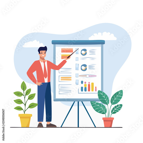 Man presenting business chart on a whiteboard with plants