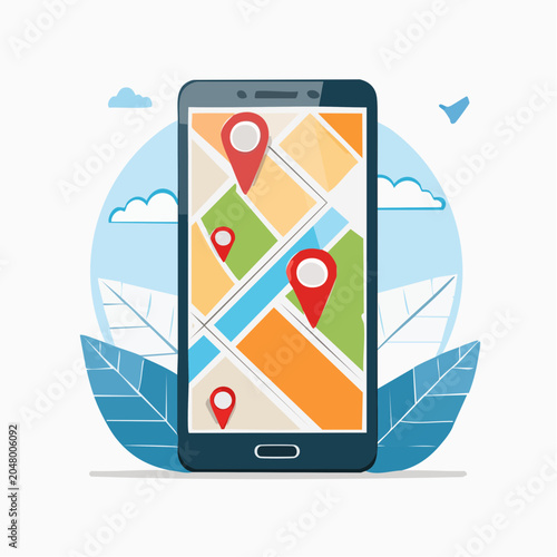 Smartphone displaying a map with location pins