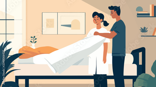 Two people helping a woman into a hospital bed in a bright, cozy room