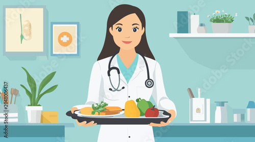 Female doctor with stethoscope presents healthy food in clinic