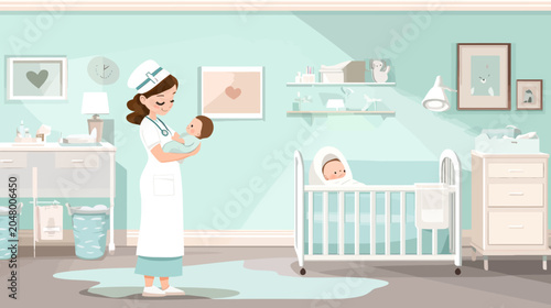 Child in crib with adult nurse holding baby in hospital setting