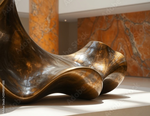 Abstract bronze sculpture with flowing curves against a marble backdrop in a gallery.