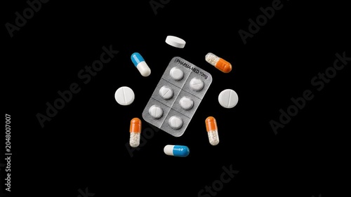 A sharp contrast studio photo featuring a silver pill blister pack surrounded by colorful medical capsules and white pills, isolated against a solid pitch-black background. This high-density static vi