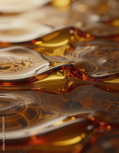 Abstract amber liquid surface with swirling patterns and reflections. Use: cosmetic packaging, drink advertisement, beauty product.