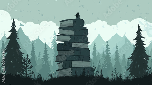 A tall stack of old books rises in a misty forest beneath a pale sky, timeless.!