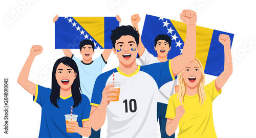 Cuadro en lienzo Vector illustration of enthusiastic Bosnia and Herzegovina football fans cheering with flags and team-inspired jerseys