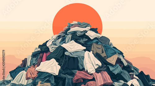 An enormous pile of clothes forms a hill beneath a setting sun, serene. at dusk!