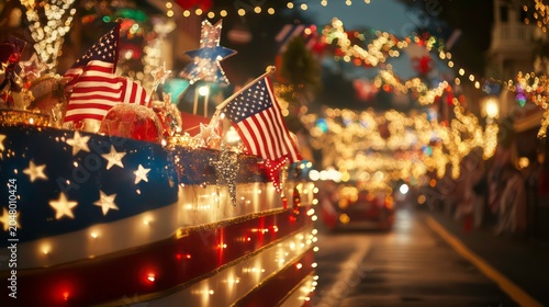 A float decorated with American flags, stars, and sparkles cruising through a festive parade route.