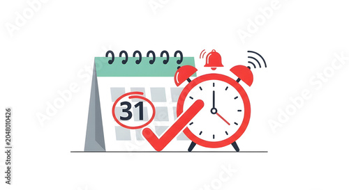 Deadline management concept with red alarm clock and calendar, scheduled appointment with checkmark, time tracking and productivity planning