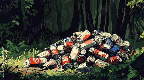 Pile of crushed metal cans sits in shadowy forest clearing among moss and trees