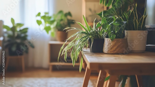 Indoor plants on a wooden table in a sunlit room.