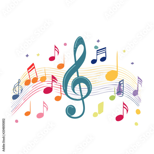 Colorful music notes and treble clef on a musical staff