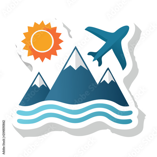 Flat design icon of airplane flying over mountains and ocean