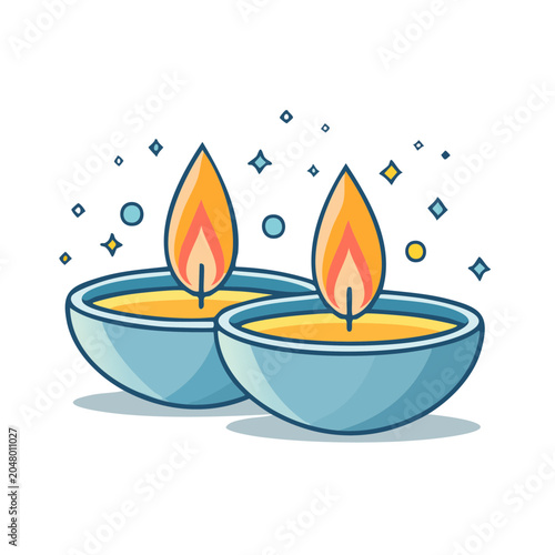Two lit diya lamps with flames and decorative sparks